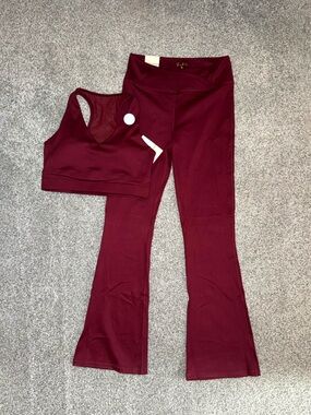 Tone It Up Dark Cherry Flare Leggings Bra Matching Set | Pilates Yoga Athleisure